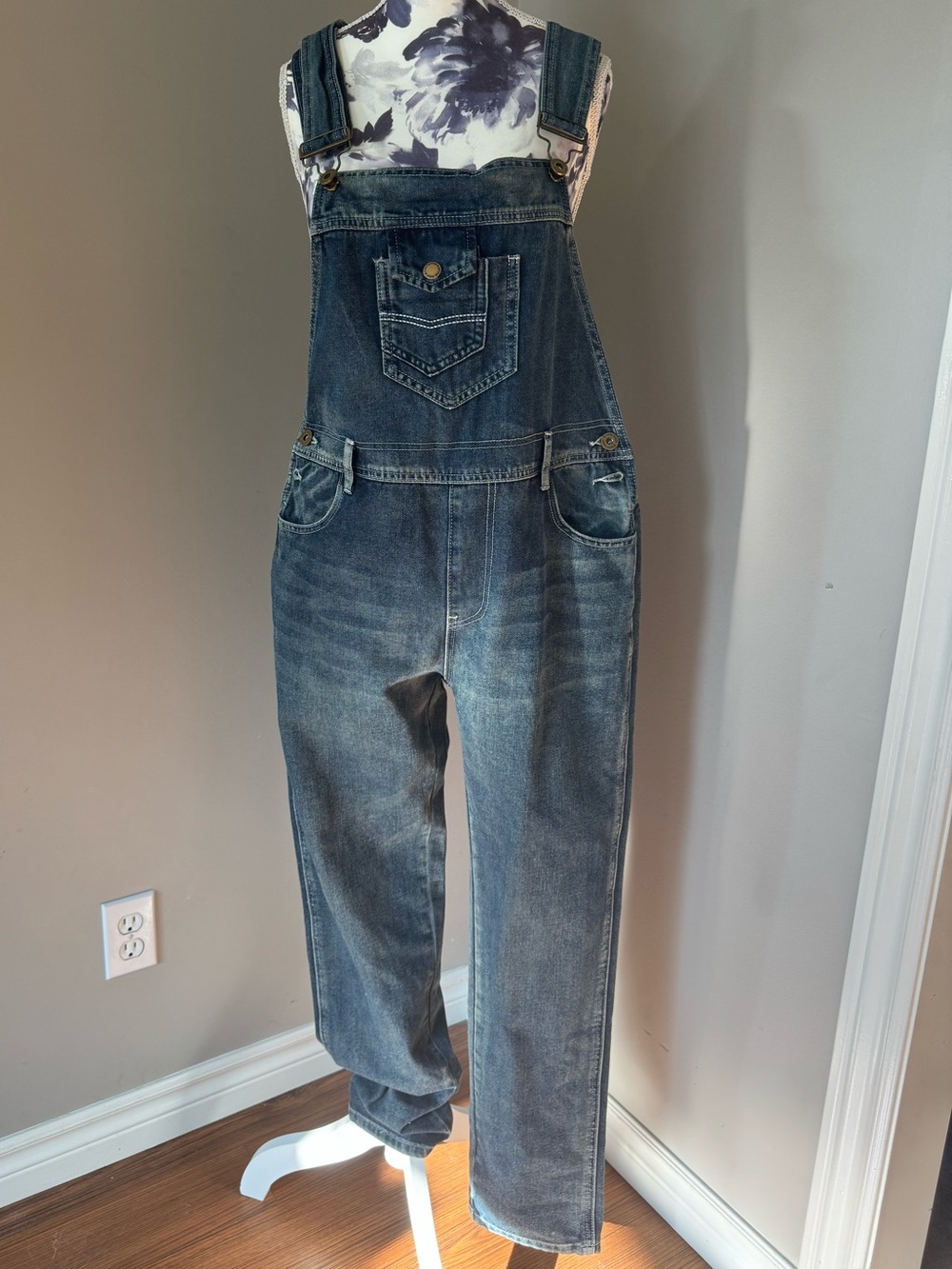 Anna-Kaci Denim Overalls Medium Wash With Branded Leather Patch
